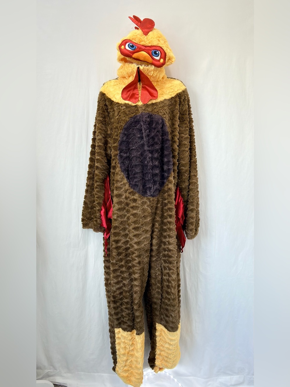 Rooster Costume brown yellow plush adult chicken jumpsuit Union suit Med/large